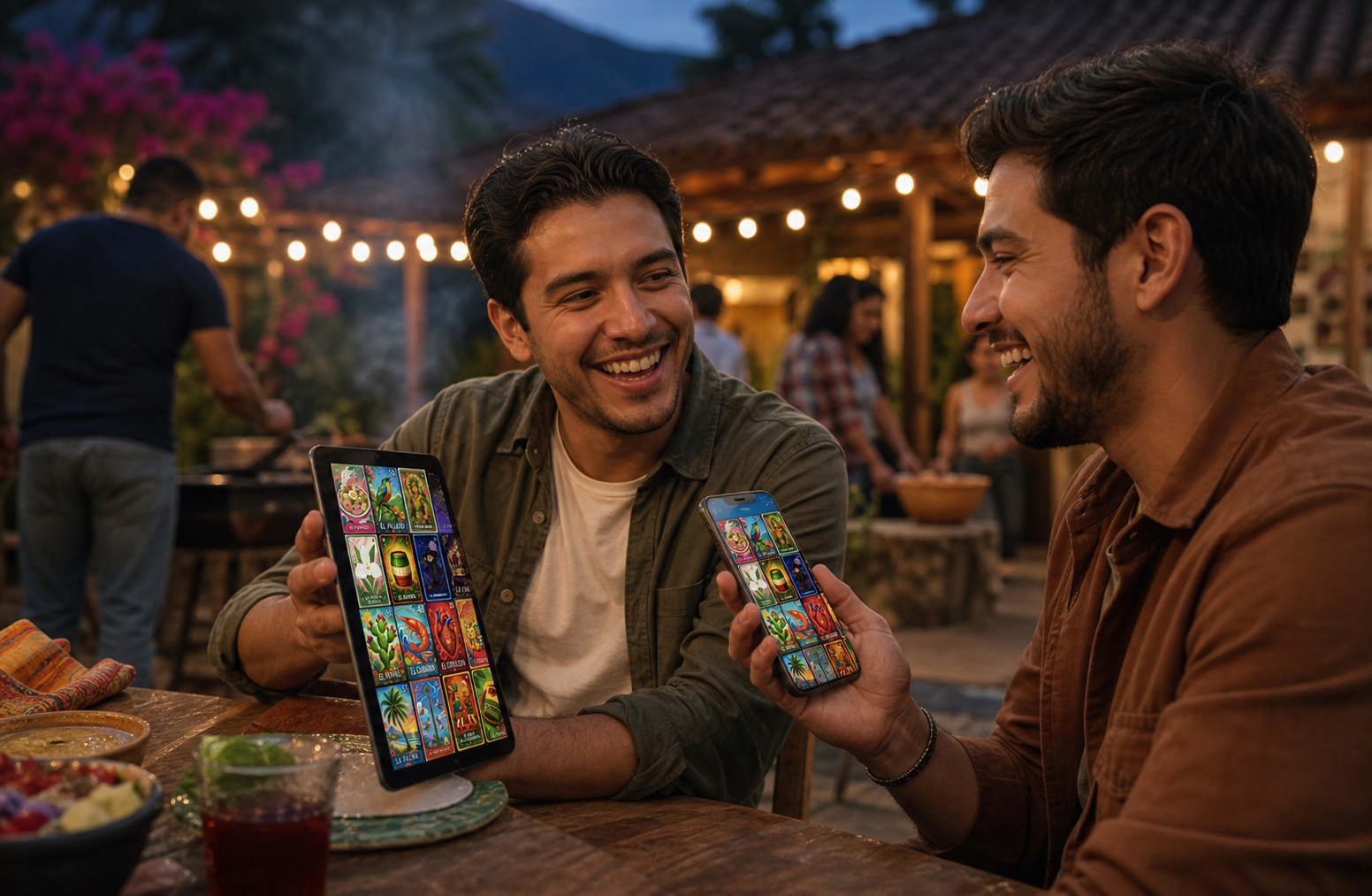 Amigos jugando Canta Lotería en celular y tablet